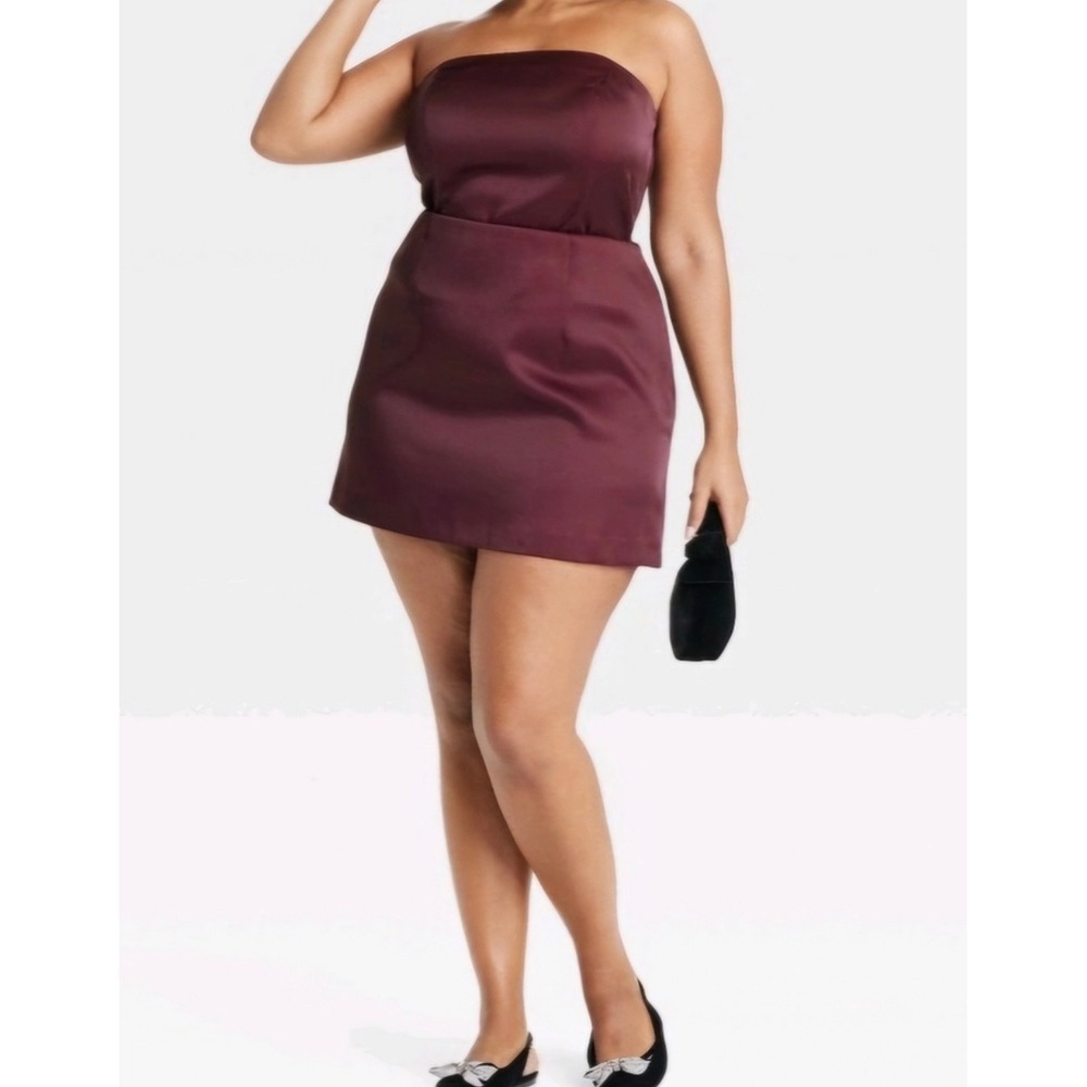 A New Day Burgundy Satin High Waisted Mini Skirt Wine Red Side Zip Size 10